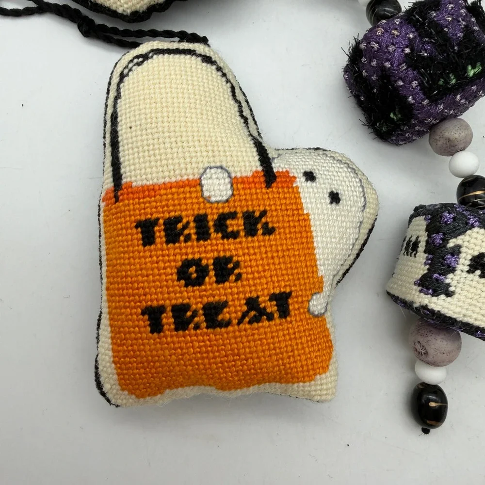 Halloween Needlepoint Ornament Set Witch Pumpkin Bat Ghost 6pc Decor